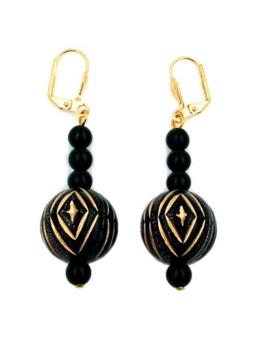 leverback earrings oriental beading black gold coloured