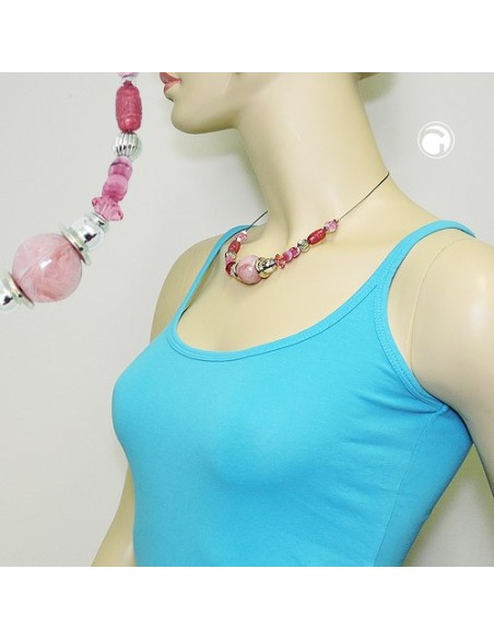 necklace pink and silver-coloured beads on coated flexible wire