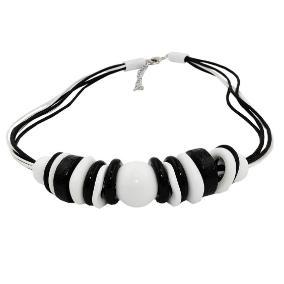 necklace various beads and rings black-white black and white cord