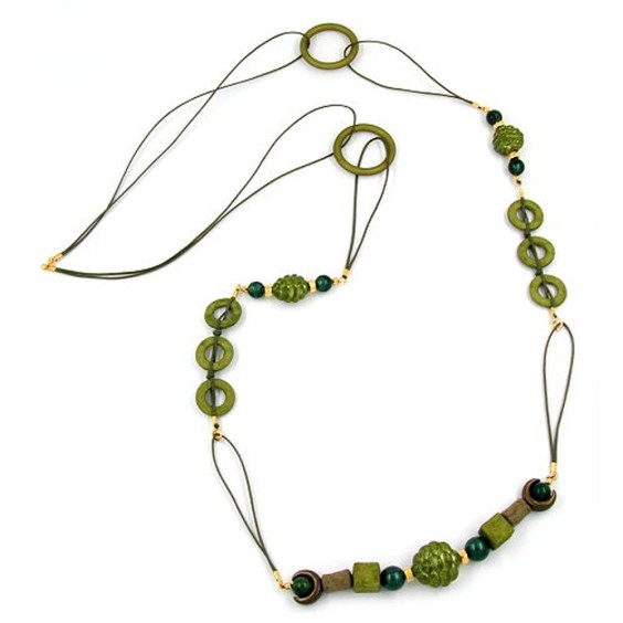 necklace beads green shiny olive 110cm