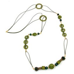 necklace beads green shiny olive 110cm