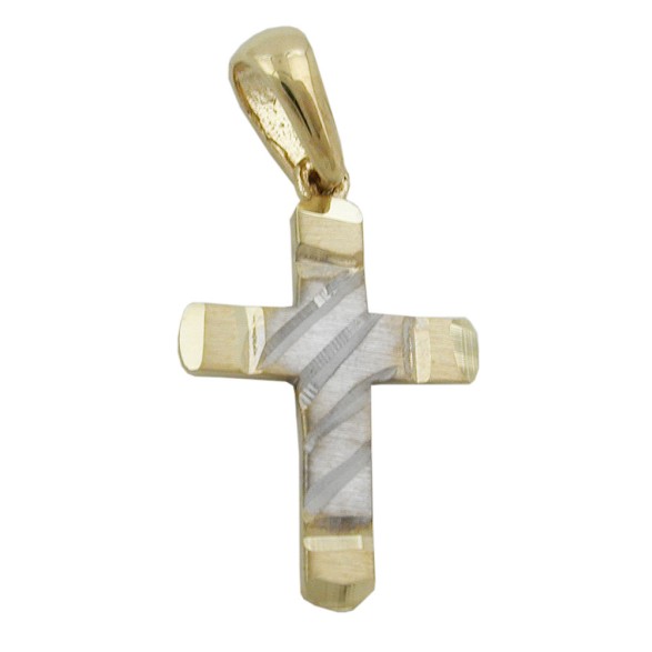 pendant 15x11mm cross bicolor diamond cut 9k gold