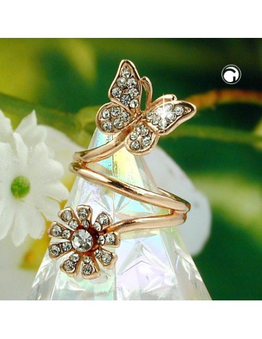 ring butterfly & flower glass crystals redgold plated