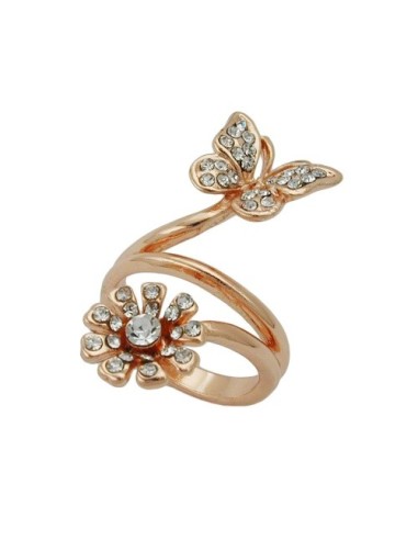 ring butterfly & flower glass crystals redgold plated