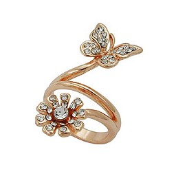 ring butterfly & flower glass crystals redgold plated