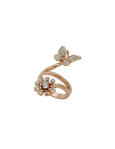 ring butterfly & flower glass crystals redgold plated