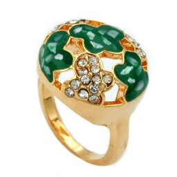 ring green enamel & glass crystals gold plated