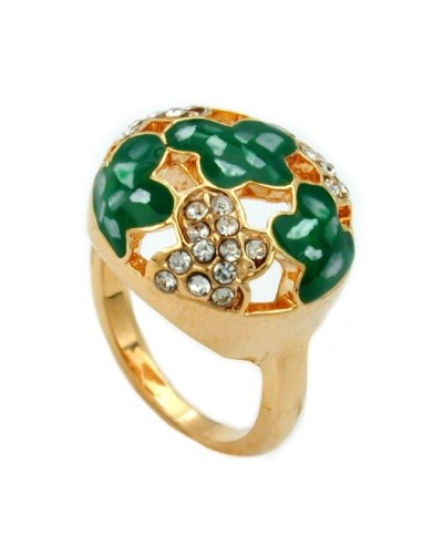 ring green enamel & glass crystals gold plated