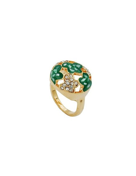 ring green enamel & glass crystals gold plated