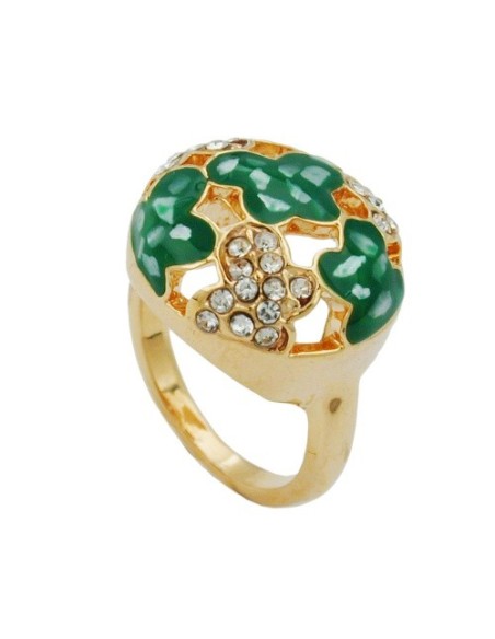 ring green enamel & glass crystals gold plated