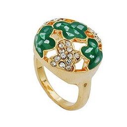 ring green enamel & glass crystals gold plated