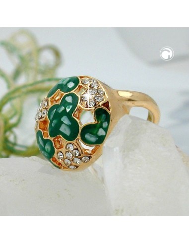 ring green enamel & glass crystals gold plated