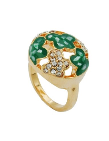 ring green enamel & glass crystals gold plated