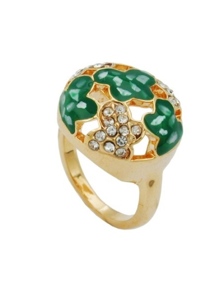 ring green enamel & glass crystals gold plated