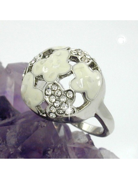 ring white enamel & glass crystals rhodium plated