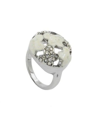 ring white enamel & glass crystals rhodium plated