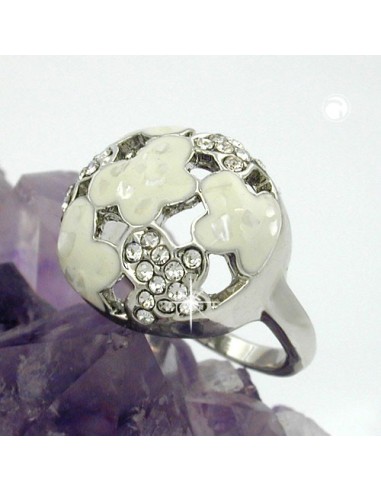 ring white enamel & glass crystals rhodium plated