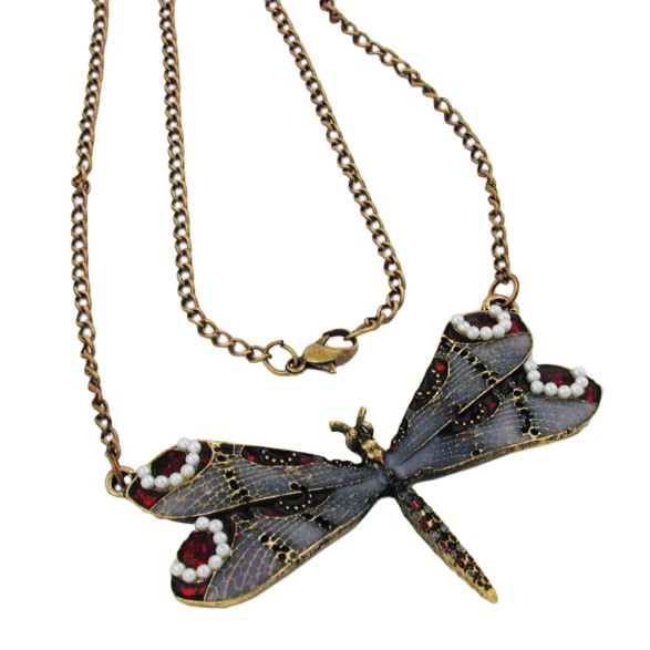 necklace dragonfly purple/grey/red gold coloured