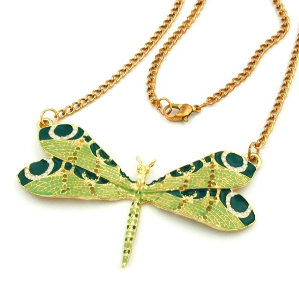 necklace dragonfly green gold coloured