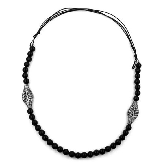 necklace black beads leaf antique silver coloured