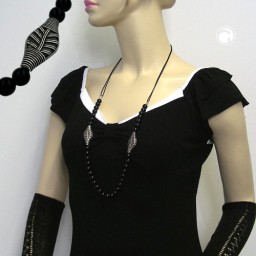 necklace black beads leaf antique silver coloured