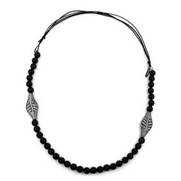 necklace black beads leaf antique silver coloured