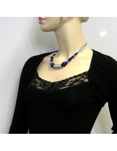 necklace grooved tube bead silver coloured & blue beads