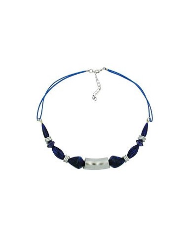 necklace grooved tube bead silver coloured & blue beads