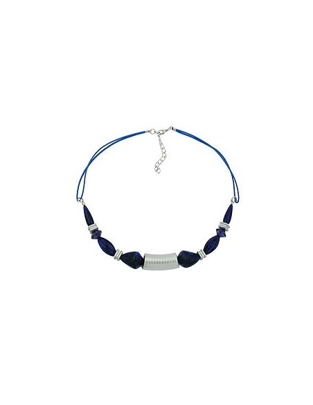 necklace grooved tube bead silver coloured & blue beads