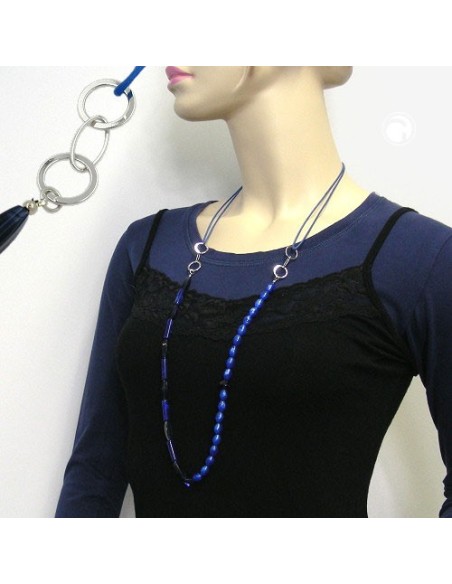 necklace blue beads chrome/ silver coloured rings