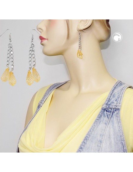 hook earrings chain silver coloured with leaf beads yellow