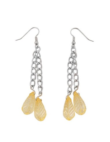 hook earrings chain silver coloured with leaf beads yellow