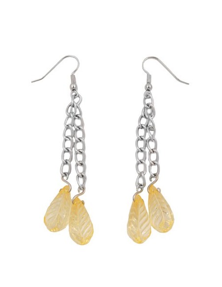 hook earrings chain silver coloured with leaf beads yellow