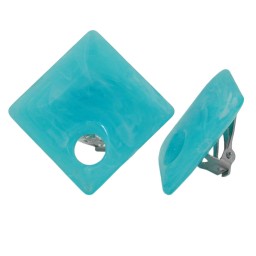 clip-on earring square beads aqua white marbled 25x25mm
