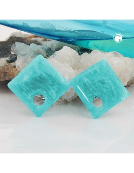 clip-on earring square beads aqua white marbled 25x25mm