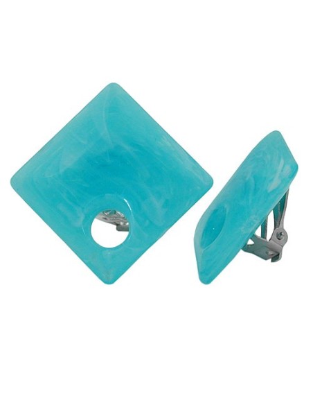 clip-on earring square beads aqua white marbled 25x25mm
