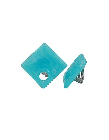 clip-on earring square beads aqua white marbled 25x25mm