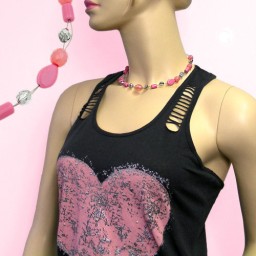 necklace pink transparent beads on coated flexible wire