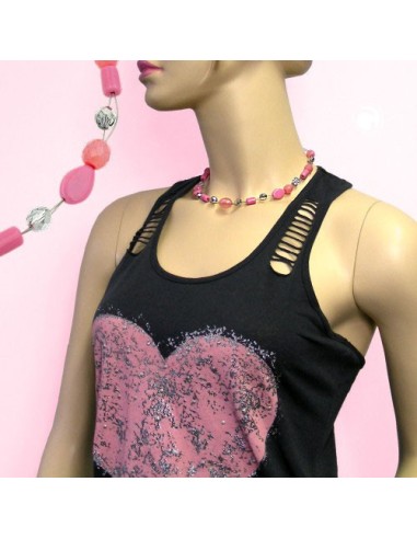 necklace pink transparent beads on coated flexible wire