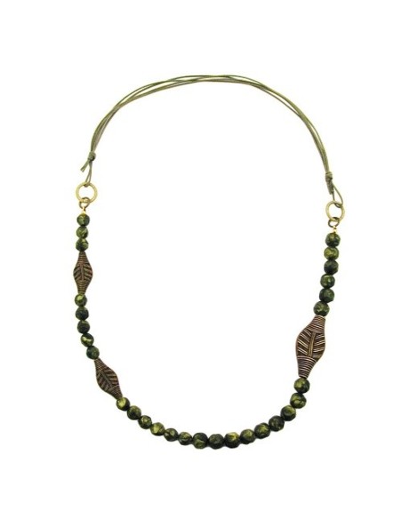 necklace 3 leaf beads olive colour pressed bead