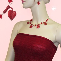 necklace leaf beads red-coloured on coated flexible wire 44cm