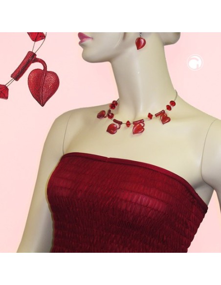 necklace leaf beads red-coloured on coated flexible wire 44cm
