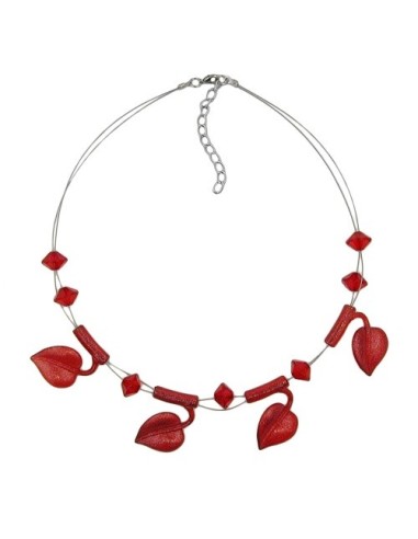 necklace leaf beads red-coloured on coated flexible wire 44cm