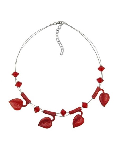 necklace leaf beads red-coloured on coated flexible wire 44cm