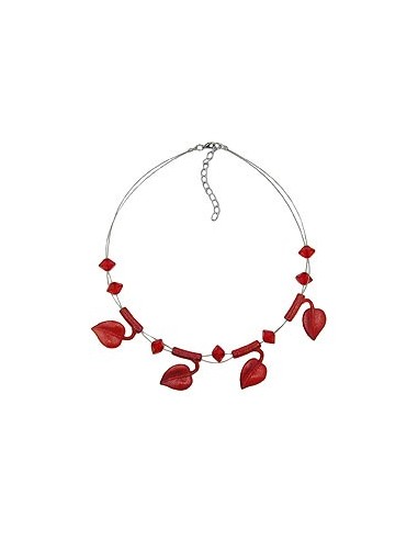 necklace leaf beads red-coloured on coated flexible wire 44cm