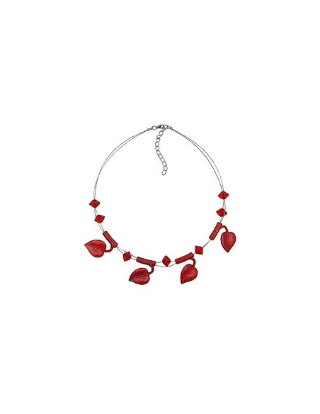 necklace leaf beads red-coloured on coated flexible wire 44cm