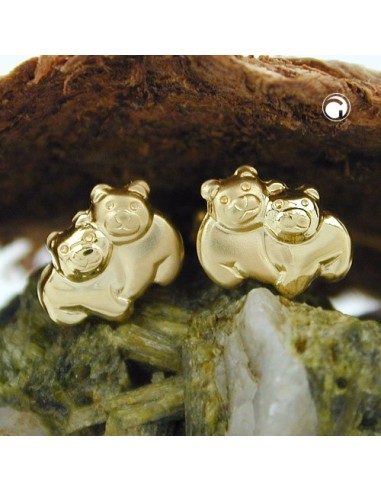 stud earrings 6x8mm couple of bear pair partly matt shiny 9k gold
