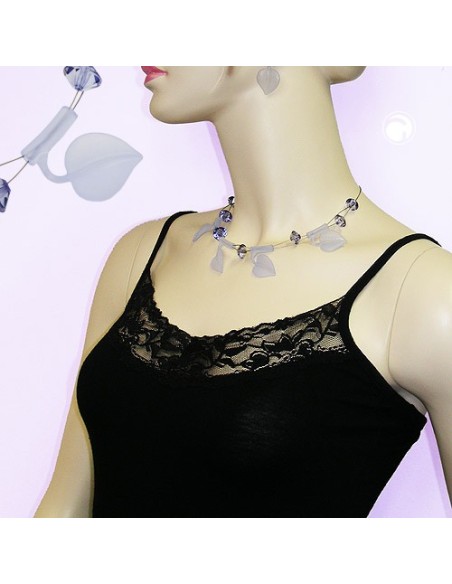 necklace leaf beads light blue on coated flexible wire 44cm