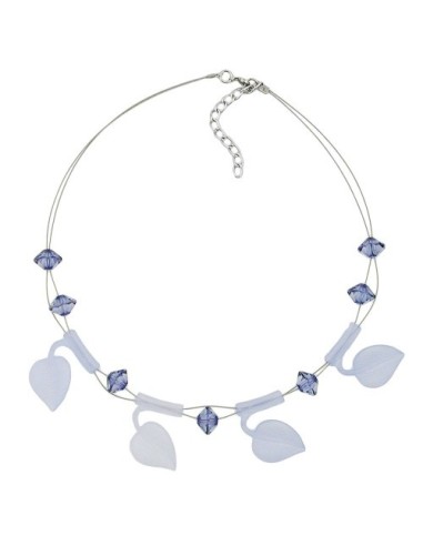 necklace leaf beads light blue on coated flexible wire 44cm