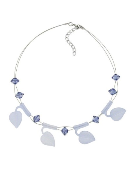 necklace leaf beads light blue on coated flexible wire 44cm